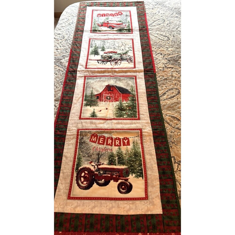 Christmas Table Runner Quilted Country Farm House Old Truck Red Barn 54x18”